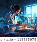 A medical researcher work on a new generation experimental drug. The lab looks busy, bright and modern. 115535975