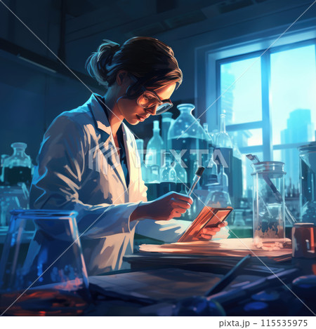 A medical researcher work on a new generation experimental drug. The lab looks busy, bright and modern. 115535975