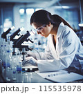 Biochemical research work with microscope to develop vaccine in pharmaceutical research laboratory 115535978