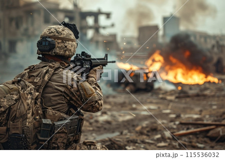 Soldier and burning vehicle in intense battlefield action during conflict and combat 115536032
