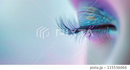 A detailed view of a womans eye showcasing blue eye shadow 115536068