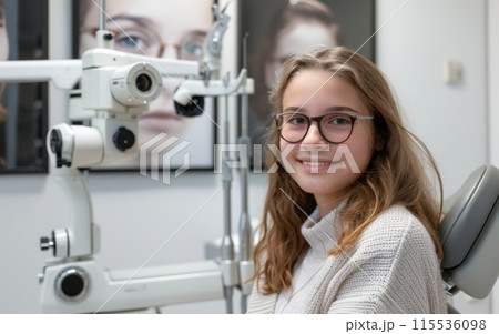 A girl in glasses sits in front of an ophthalmologists machine A girl in glasses sits in front of an ophthalmologists machine 115536098