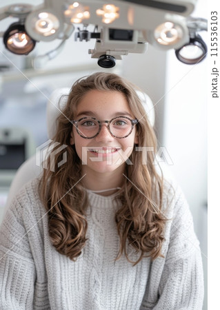 A young girl in glasses smiles while sitting in a dental chair 115536103