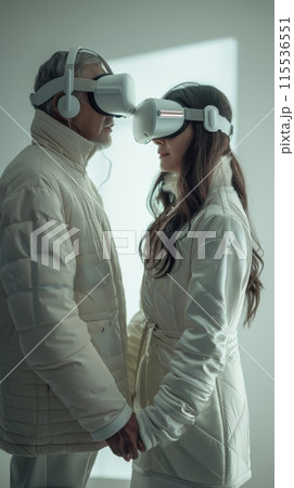 Older man and younger woman wearing VR headsets and holding hands in white room. Technology and connection concept. 115536551