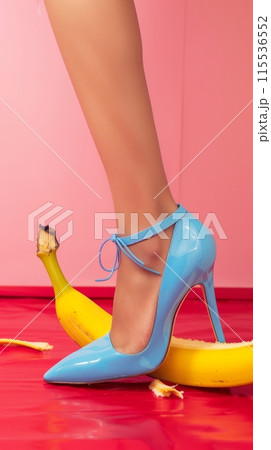 Female leg in blue high heel stepping on banana peel on a red surface with pink background. Fashion and humor concept. 115536552