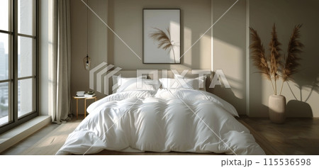 White Down Comforter On King Size Bed In Modern Bedroom With Large Windows 115536598