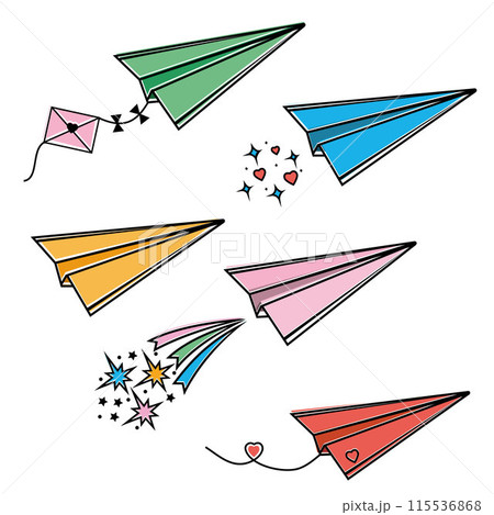 A set of cartoon-style colored paper airplanes, isolated vector illustration on a white background 115536868
