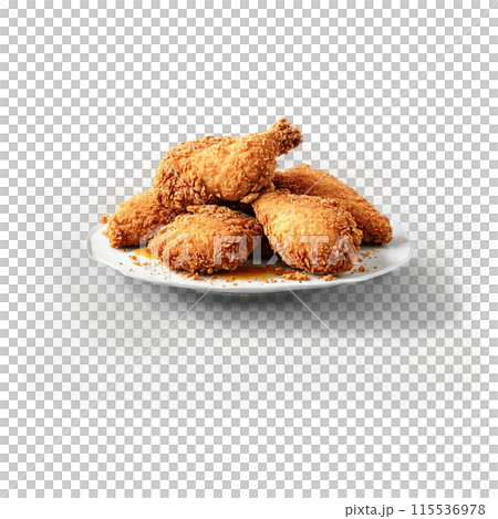 Fried chicken with crispy golden breading levitating and steaming Food and culinary concept 115536978