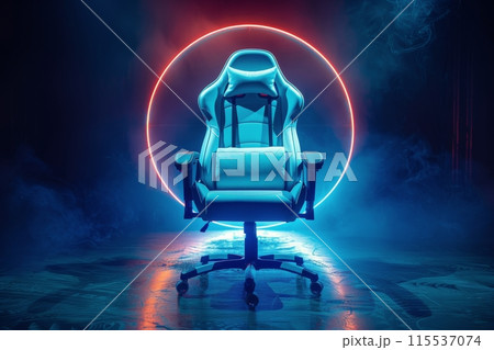 White Gaming Chair Under Neon Lights in a Dark Studio White Gaming Chair Under Neon Lights in a Dark Studio 115537074