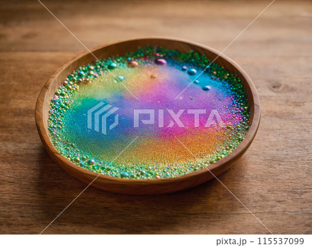 Rainbow soap bubbles iridescent shimmer wooden soap dish loofah terrycloth bright top down lighting 115537099