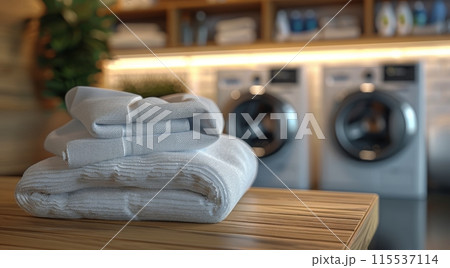 Clean White Towels on Wooden Counter in Laundry Room 115537114