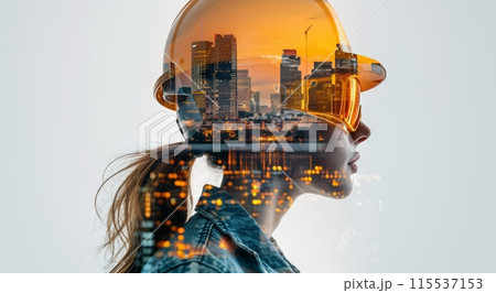 Woman in Hard Hat With City Skyline Superimposed at Sunset 115537153