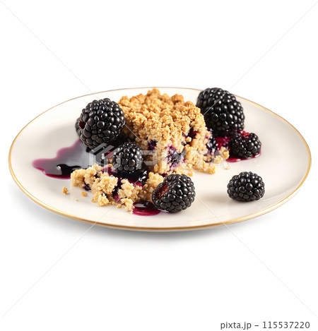 Blackberry crumble juicy blackberries buttery oat topping golden brown on a white dessert plate Summer 115537220