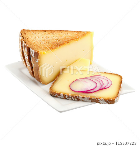 Appenzeller cheese firm pale yellow slice served with pickled onions and whole grain bread Culinary 115537225