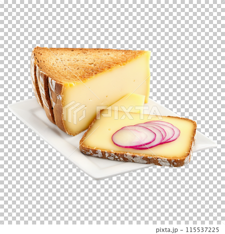 Appenzeller cheese firm pale yellow slice served with pickled onions and whole grain bread Culinary 115537225