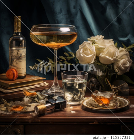 Cocktail Day Aviation. Still-Life with Bottle, Flowers and Glass. 115537331