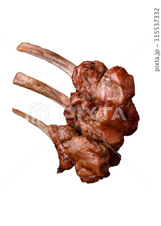Delicious juicy meat on the bone or rack of lamb or grilled veal 115537332
