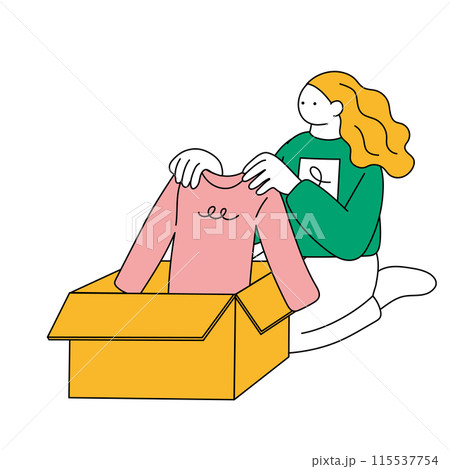 段ボールに洋服を詰める女性のイラスト 115537754