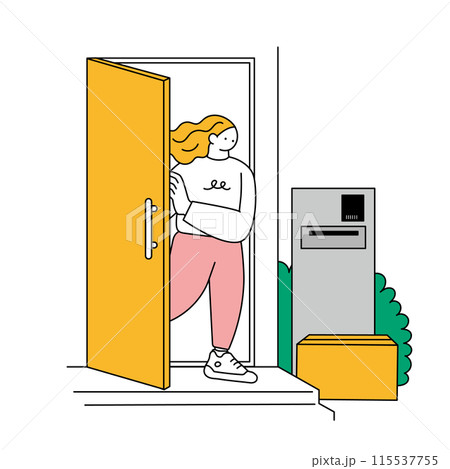 玄関で置き配を受け取る女性の線画イラスト 115537755