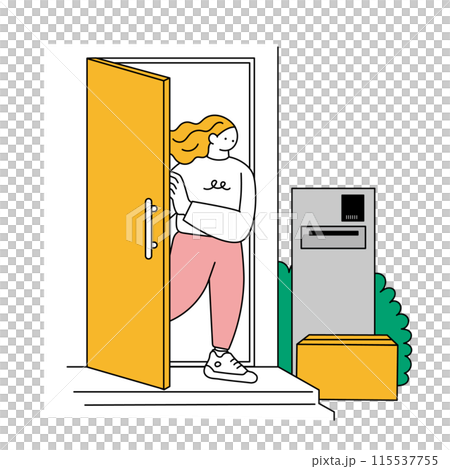 玄関で置き配を受け取る女性の線画イラスト 115537755