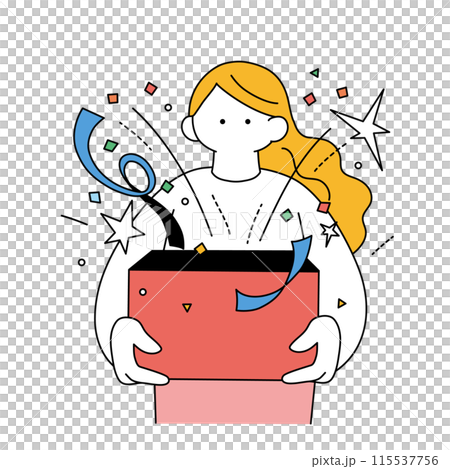 Line drawing illustration of a woman opening a gift box 115537756