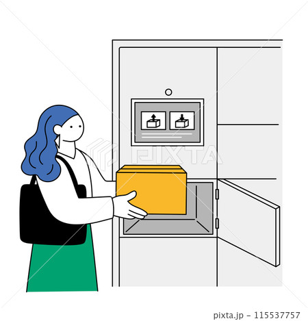 宅配ロッカーに荷物を預ける女性の線画イラスト 115537757