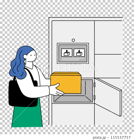 Line drawing illustration of a woman leaving her package in a delivery locker 115537757
