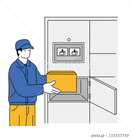 宅配ロッカーに荷物を預ける作業員の線画イラスト 115537759