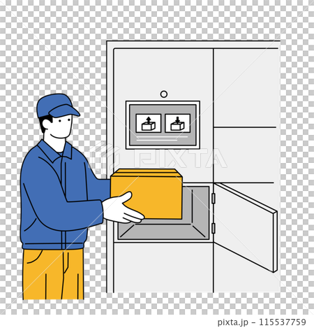 Line drawing illustration of a worker depositing a package in a delivery locker Line drawing illustration of a worker depositing a package in a delivery locker 115537759