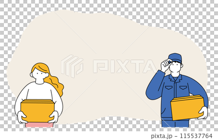 送貨工人和拿著紙板的婦女的簡單線條畫插圖 115537764