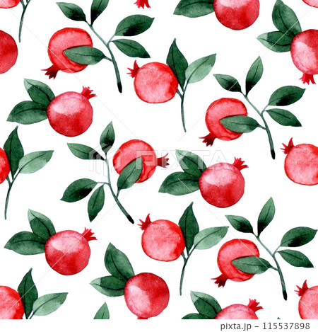 watercolor seamless pattern with pomegranates. print with ripe fruits and leaves 115537898