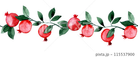 watercolor pattern, seamless border of pomegranate fruits and leaves. 115537900