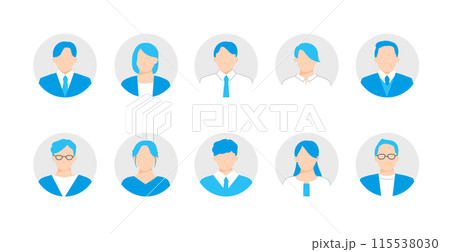 企業で働く様々な年代の男性や女性のアイコンセット。丸背景 115538030