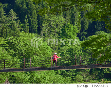 初夏の白川郷の出合い橋の観光客の姿 115538105