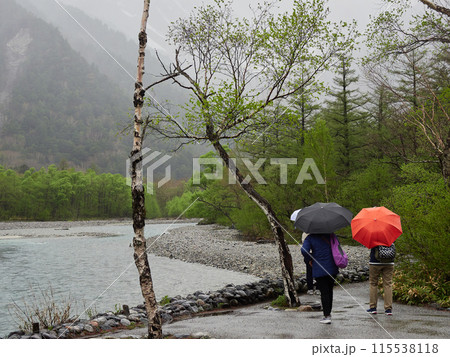 雨の日に初夏の新緑を楽しみながら観光名所上高地で散歩する観光客の姿 115538118
