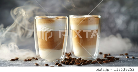 Two Steaming Cups of Latte With Foam on a Dark Surface Surrounded by Coffee Beans 115539252