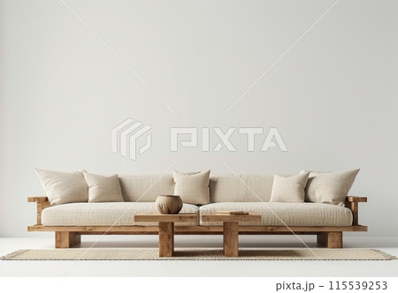 Wooden Sofa With Cushions In Minimalist Living Room 115539253