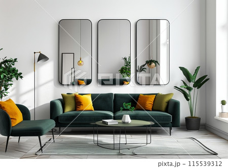 Modern Living Room Interior Design With Green Sofa and Three Rectangular Mirrors 115539312