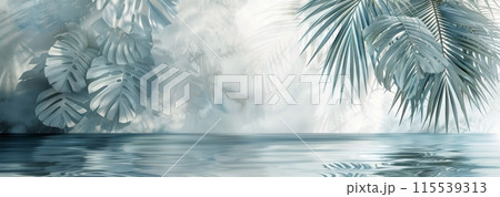 Palm Trees Reflecting in Calm Water at Dawn 115539313