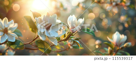Blooming White Magnolia Flowers in Sunlight on a Spring Day 115539317