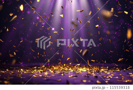 Golden Confetti Falling on Purple Background With Light Beams 115539318