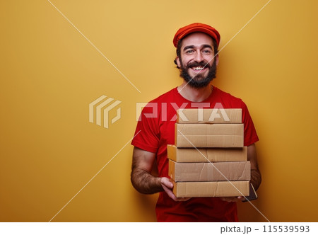 Smiling Delivery Man Holding Packages Against Yellow Wall 115539593