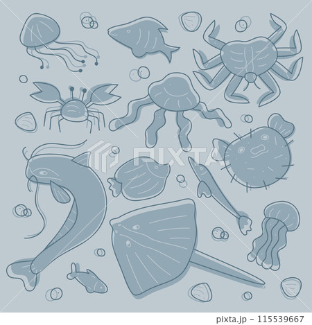 Set with fish, jellyfish and crabs. Doodles clip art in pastel colors. Set with fish, jellyfish and crabs. Doodles clip art in pastel colors. 115539667