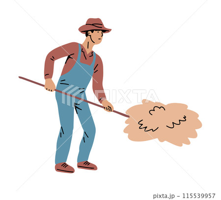 Village farmer man collecting hay in a stack 115539957