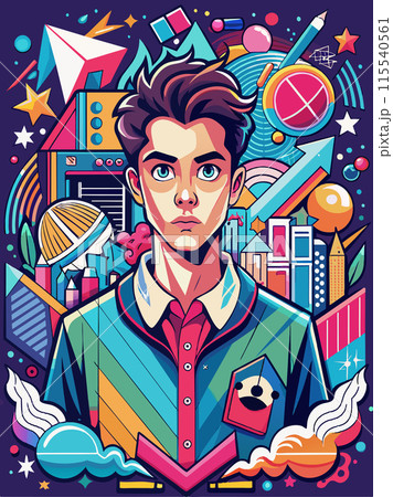 Posters or covers in a trendy doodle style with geometric shapes, bold design elements and modern typography. Back to school, college, education, learning concept. Templates for advertising, branding 115540561
