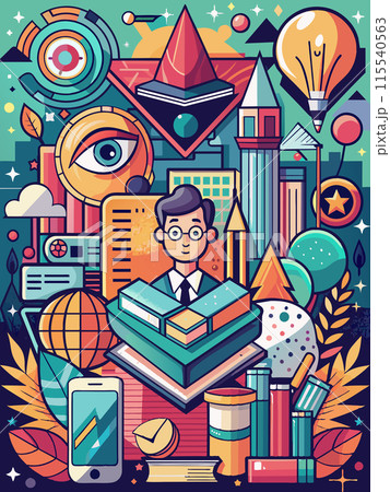Posters or covers in a trendy doodle style with geometric shapes, bold design elements and modern typography. Back to school, college, education, learning concept. Templates for advertising, branding 115540563