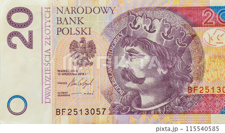 Polish twenty zloty is national currency of country is issued by National Bank of Poland front view Polish twenty zloty is national currency of country is issued by National Bank of Poland front view 115540585