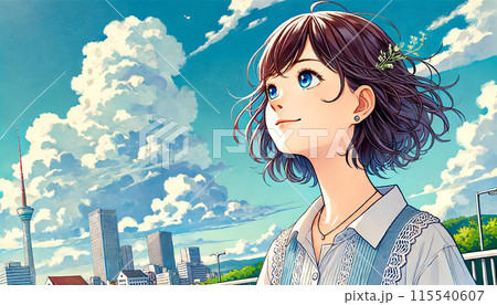 空をバックに微笑む若い女性 空をバックに微笑む若い女性 115540607