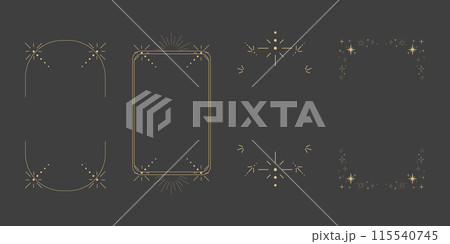 Golden celestial minimal esoteric frame, thin line border, mystyc linear decoration with dots, moon, stars corners isolated on dark background. Geometric shape, tarrot  115540745