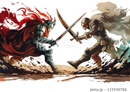 Two knights in armor fighting with swords 115540788